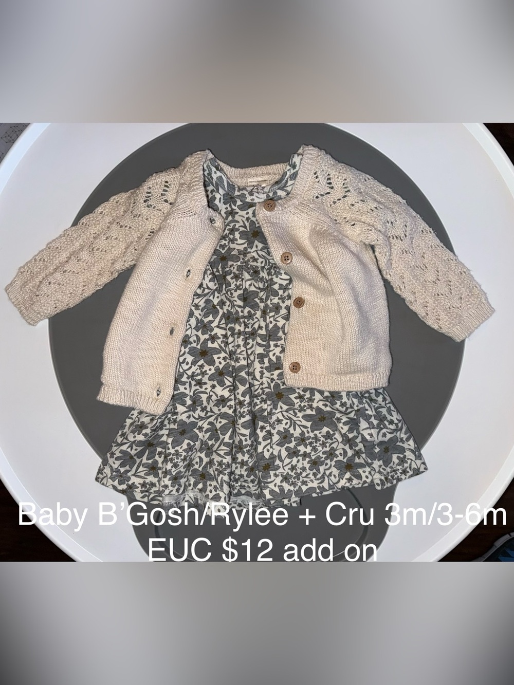 Baby B’Gosh Cream Knit Cardigan with Rylee & Cru Gray/Blue Floral Dress